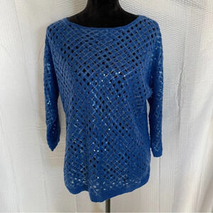 Chico’s blue sequin 3/4 sleeve open weave sweater size 1.